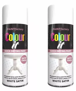 Paint Factory White Satin Spray Paint – 2 x 400ML, All-Purpose Finish for Metal & Wood